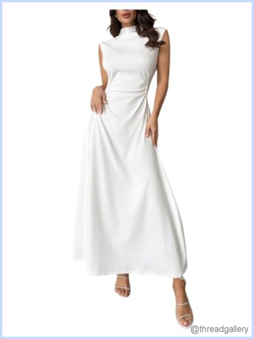 Mock Neck Sleeveless Ruched A-Line Maxi Wedding Guest Dress
